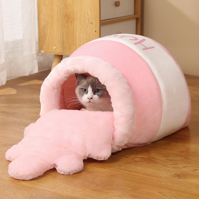 Cama de gato Pot para de interior Casa de dibujos animados cálida Cueva Cama de suave Cojín extraíble y lavable , Rosa