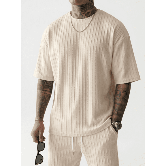 Men’s Summer 2 Piece Outfit, Short Sleeve T-Shirt and Drawstring Shorts Matching Set, Casual Vacation Beach Outfit