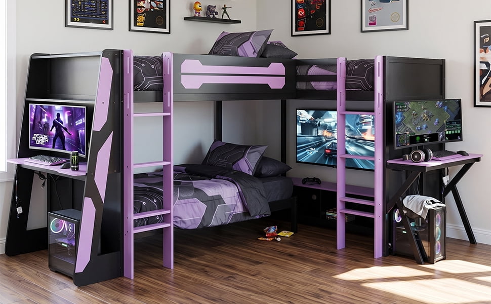 Mintazer L-Shaped Triple Twin Gaming Bunk Bed with 2 Gaming Desks & RGB LED Lights, Triple Bed Frame with USB Charging, TV Stand & Storage Shelves for Bedroom, Black & Red