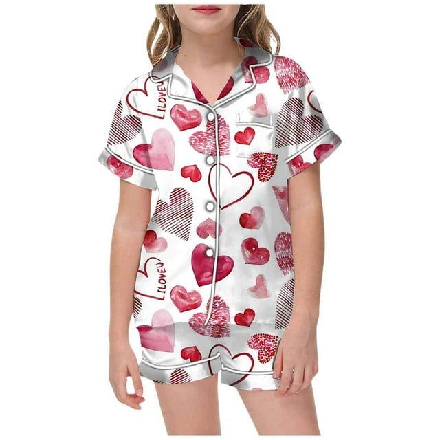 WEAIXIMIUNG Pyjama Imprimé de la Saint-Valentin pour Filles, Haut à Manches Courtes avec Boutons et Short, Ensemble de Pyjama pour la Maison 4-5 Ans