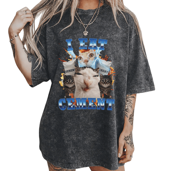 Black Washed I Eat Cement Cat Meme S-2XL Print Tshirt Graphic Tees Shirts Cat Fashion Tops