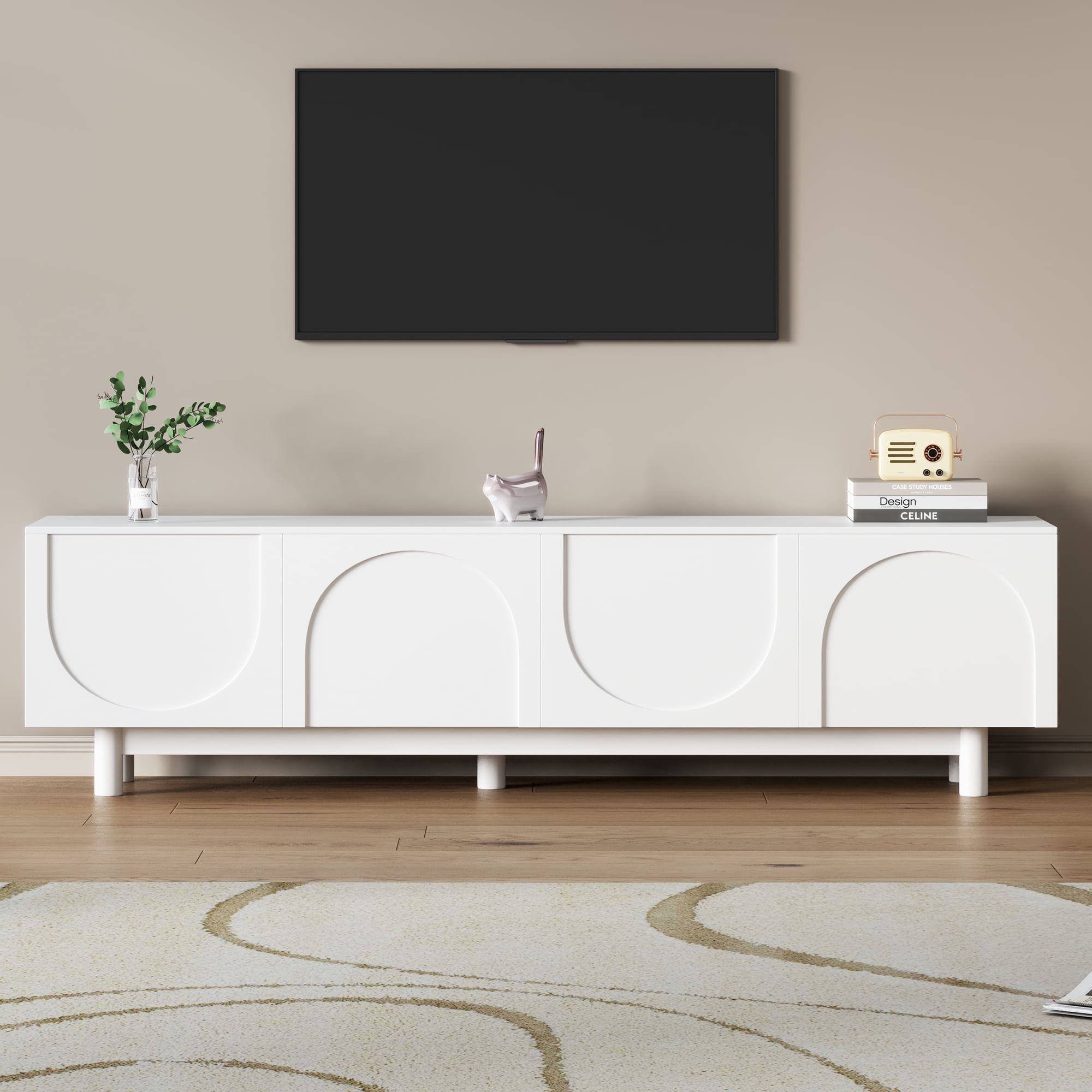 Euroco Modern Arched Door TV Stand with Adjustable Shelves and Cable Management – Media Console with Solid Wood Legs