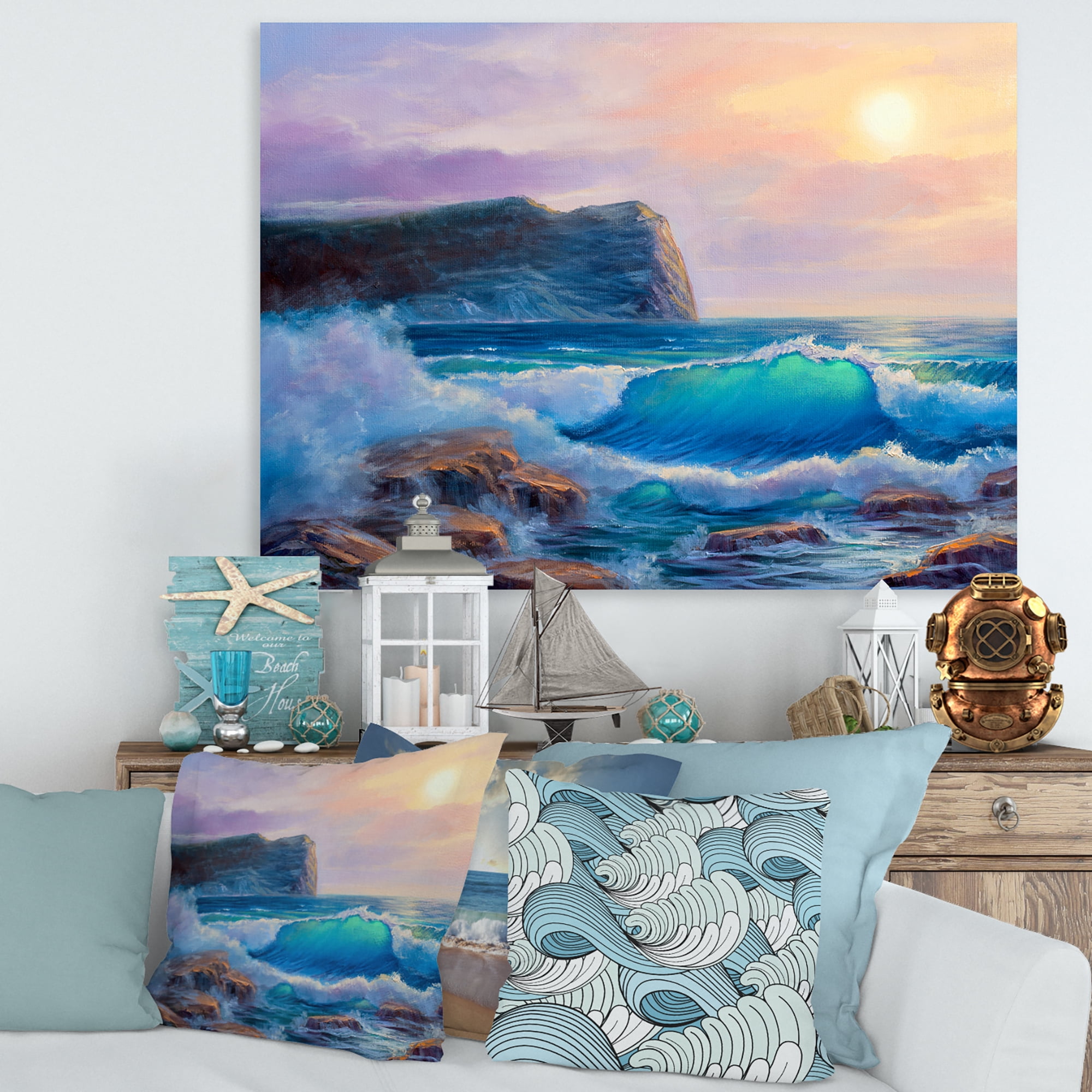 Designart ' Blue Waves Breaking At The Beach Landscape III ' Nautical & Coastal Canvas Wall Art Print