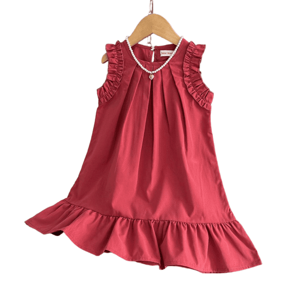 LYMAYTER Girls Summer Sleeveless Dress Toddler Casual A Line Ruffle Trim Pleated Dresses 1-7Y