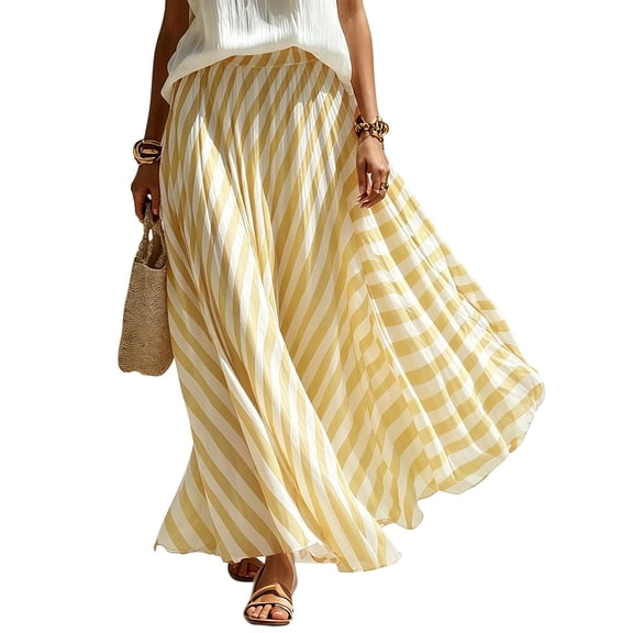 Cmfcve Women's Striped Maxi Skirt High Waist A-Line Pleated Chiffon Long Skirt Casual Loose Fit Gauze Skirts