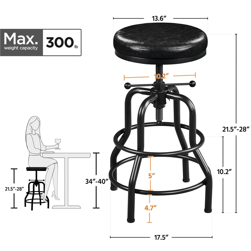 Alden Design Vintage Faux Leather Counter-Height Bar Stool with Metal Legs for Kitchen Restaurant, Black