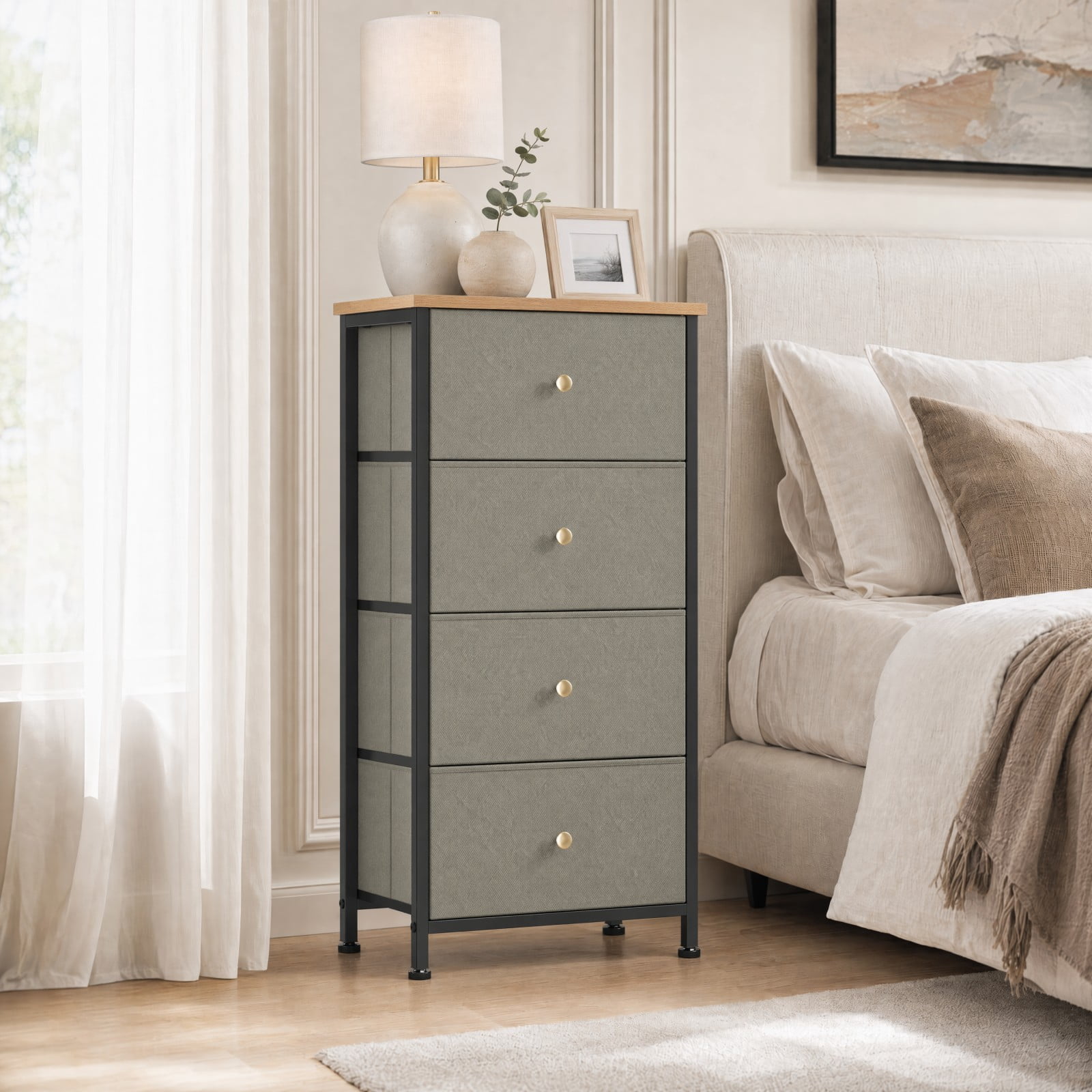 Telyra 4-Drawer Fabric Dresser 37.4" Tall Storage Tower with Wood Top and Steel Frame Narrow Organizer, Greyish Green