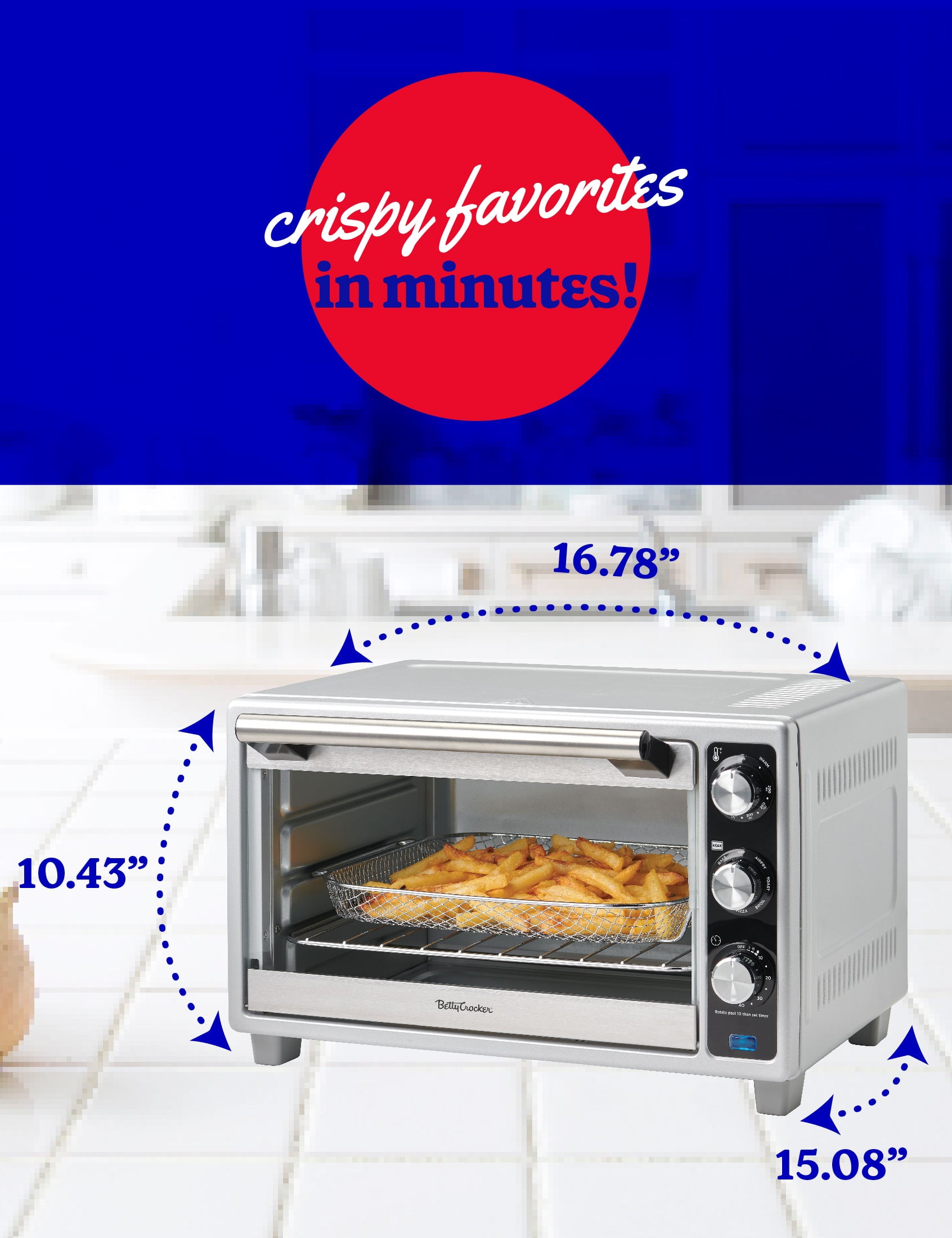 Betty Crocker Air Fryer Convection Toaster Oven, Multifunction 6-Slice Toaster and Air Fryer Oven, 0.8 Cu. Ft. 6 Slice Capacity AirFryer Toaster Oven Combo, 7 Function Convection Oven, Silver