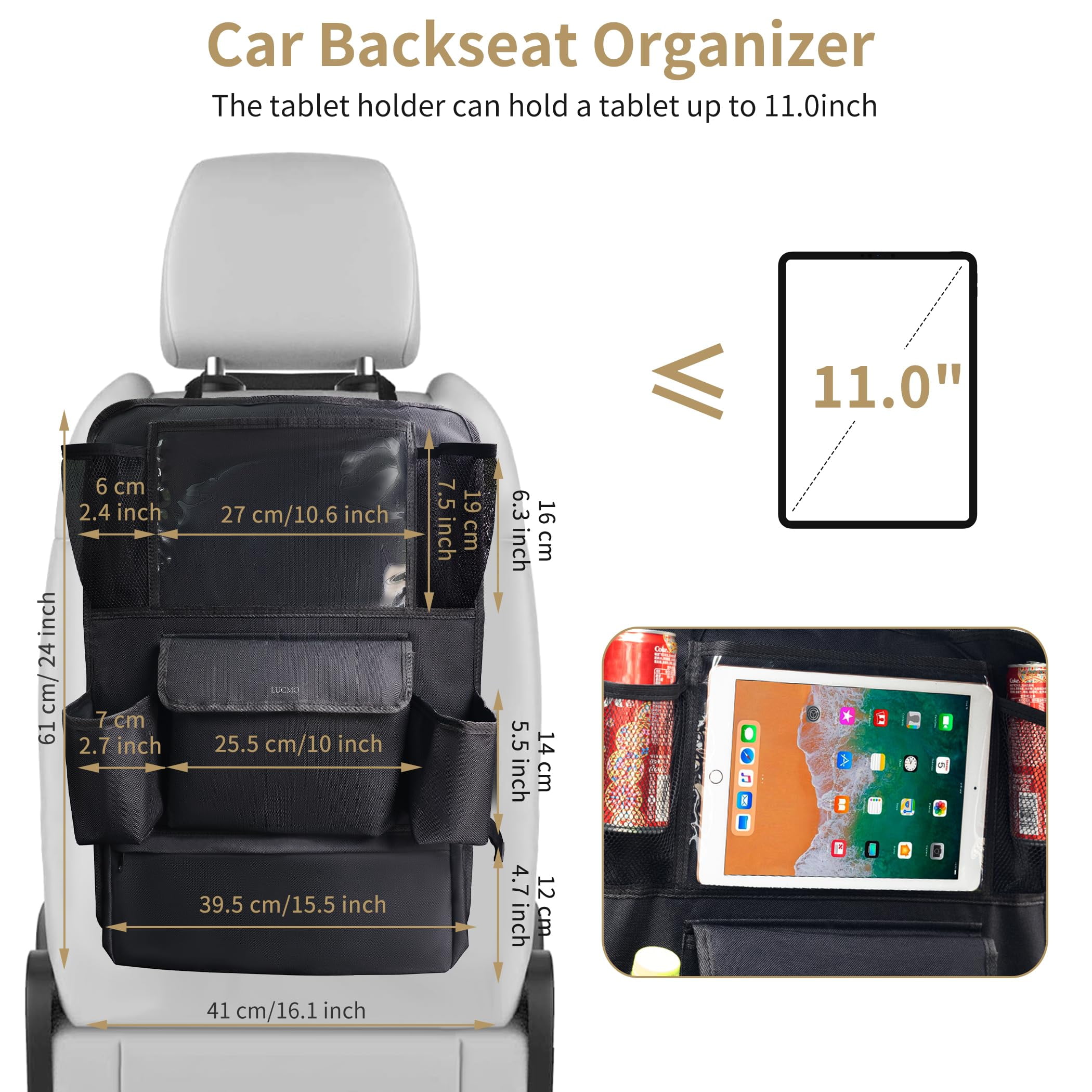 GUANGHUI Car Backseat Organizer with Tablet Holder,6 Storage Pockets Car Storage Organizer with Foldable Food Tray,Protectors Kick Mats Travel Accessories-black
