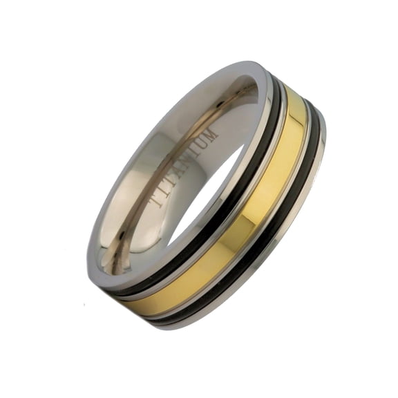 8mm Titanium Gold Plated Center Black Grooved Edges Wedding Band Ring