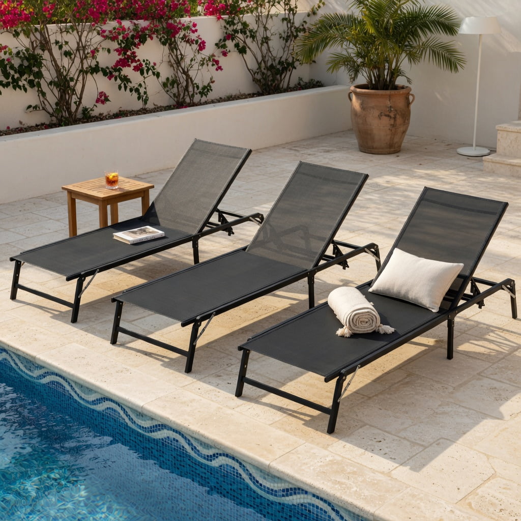 Hommoo 2-Pack Foldable Outdoor Chaise Lounge Chairs, Metal Frame with Breathable Fabric, 5-Position Adjustable Backrest, Perfect for Patio, Pool & Backyard, Black
