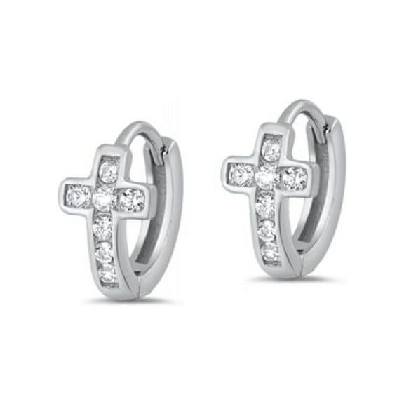 Cross Huggie Stud CZ Earrings, Sterling Silver 925 with Gift Box