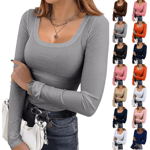 Compression Long Sleeve Shirts Womens Square Neck Basic Tops Y2K Street High Stretch Gym Club Daily Light Gray S