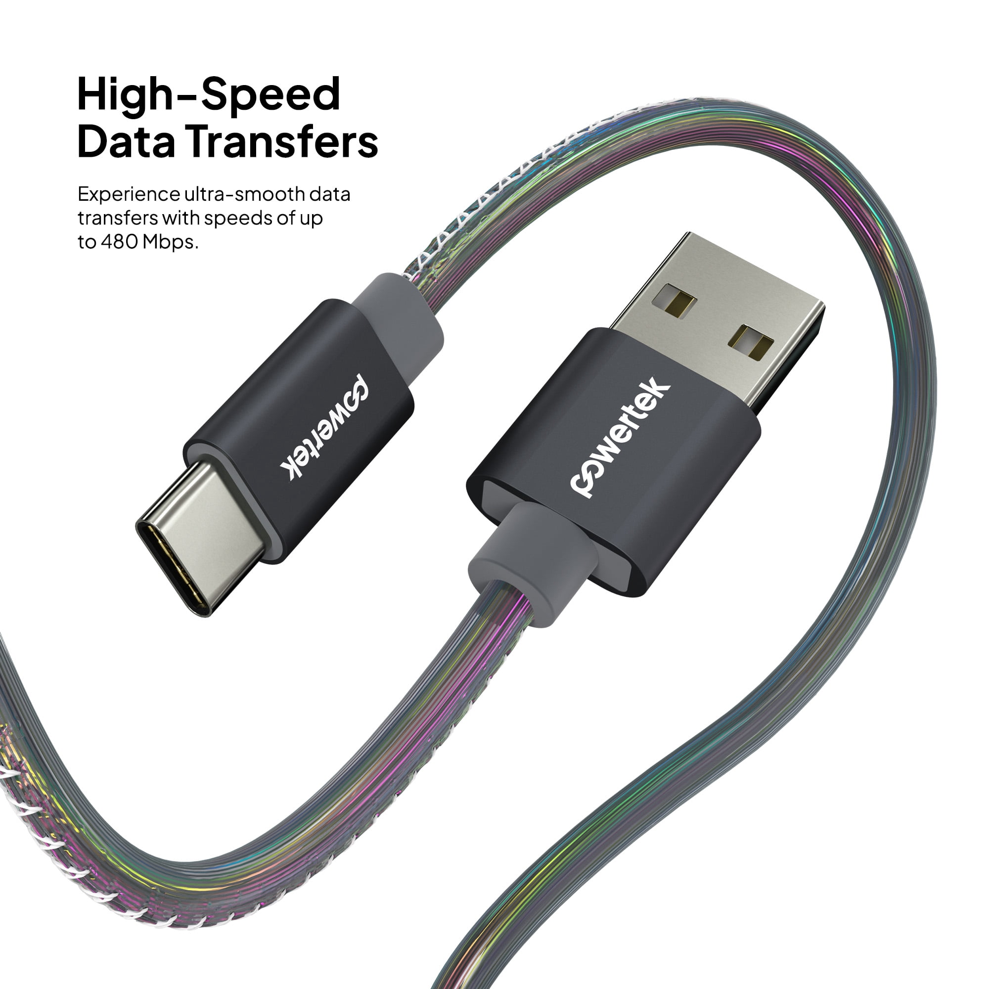 Powertek USB-A to USB-C (Type-C) Metallic Shine Pastel Charging Cable, 6 ft, Black