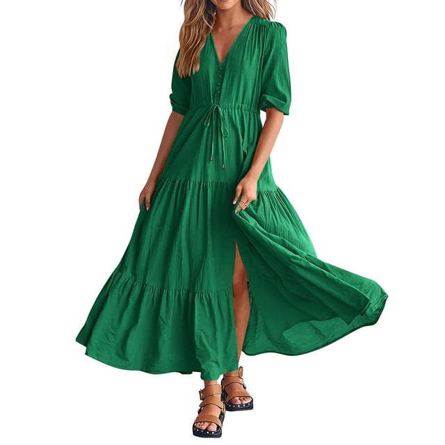 WILLBEST Womens Dresses with Pockets Women Summer Dresses Short Sleeves V Neck Button Drawstring Maxi Dresses Solid Color Boho Long Dresses