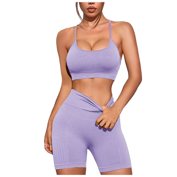 Rotm Matching Workout Set Workout Sets for Women 2 Piece Twist Front Halter Sports Bras High Waist Biker Shorts Exercise Gym Yoga Outfit Light Purple,S