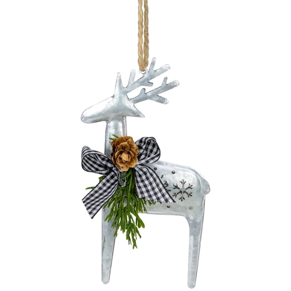 Northlight Reindeer with Pine and Gingham Bowtie Christmas Ornament- 6.25" - Silver and Black