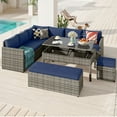 thumbnail image 2 of Dextrus Patio Wicker Furniture Set, 6-Piece Outdoor Sectional Sofa with Stools and Lift-Top Coffee Table, All-Weather Conversation Set for Garden, Backyard, Navy Blue, 2 of 9