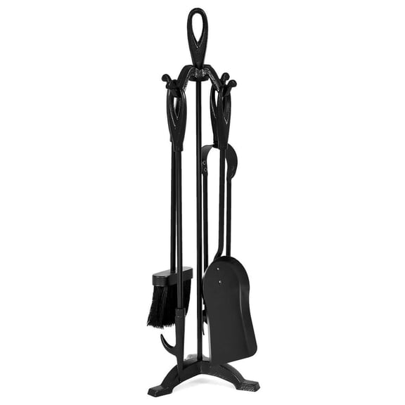 Rustic Heavy Duty Wrought Iron Fireplace Tools Set, 5 Pieces, Compact Fireplace Tool Holder