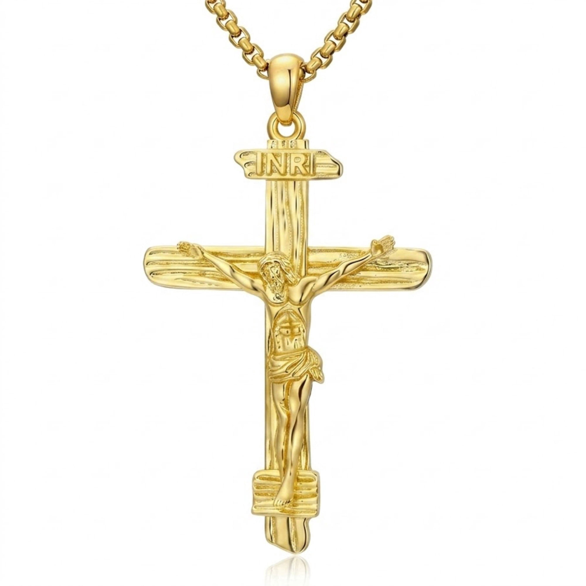 Kootwo Jesus Crucifix Necklace for Men Women, 14K Gold Plated Cross with INRI, Patron Saint of Redemption, Catholic Gift