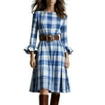 thumbnail image 2 of Gamivast Plaid Dress for Women Elegant Midi Dress Round Neck Flare Sleeve Vintage Dress Belted Plaid Pattern Pleated Hem Daily Office Party, 2 of 7