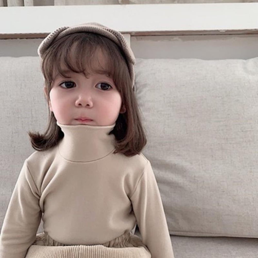 Kid Girl Polar Fleece Crown Embroidered Turtleneck Solid Color Long-sleeve Tee