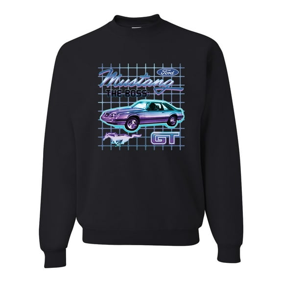Ford Mustang GT The Boss Retro Neon Vintage | Mens Cars and Trucks Crewneck Graphic Sweatshirt, Black, Small