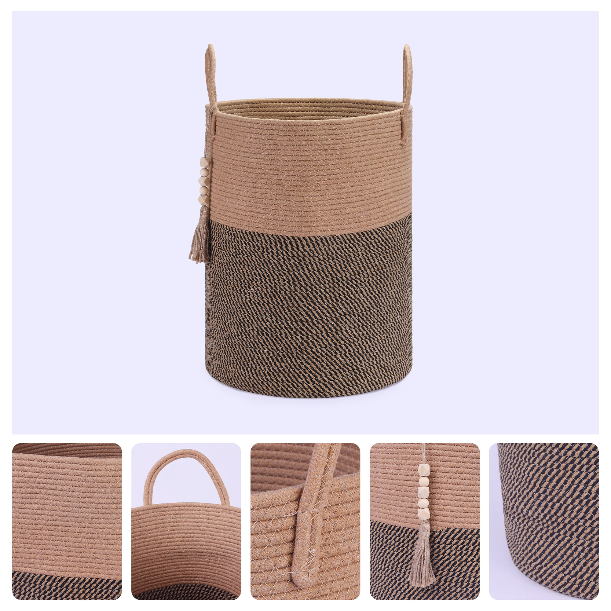 Unique Bargains Woven Storage Bin with Handle and Tassel Beads Storage Basket Brown Black