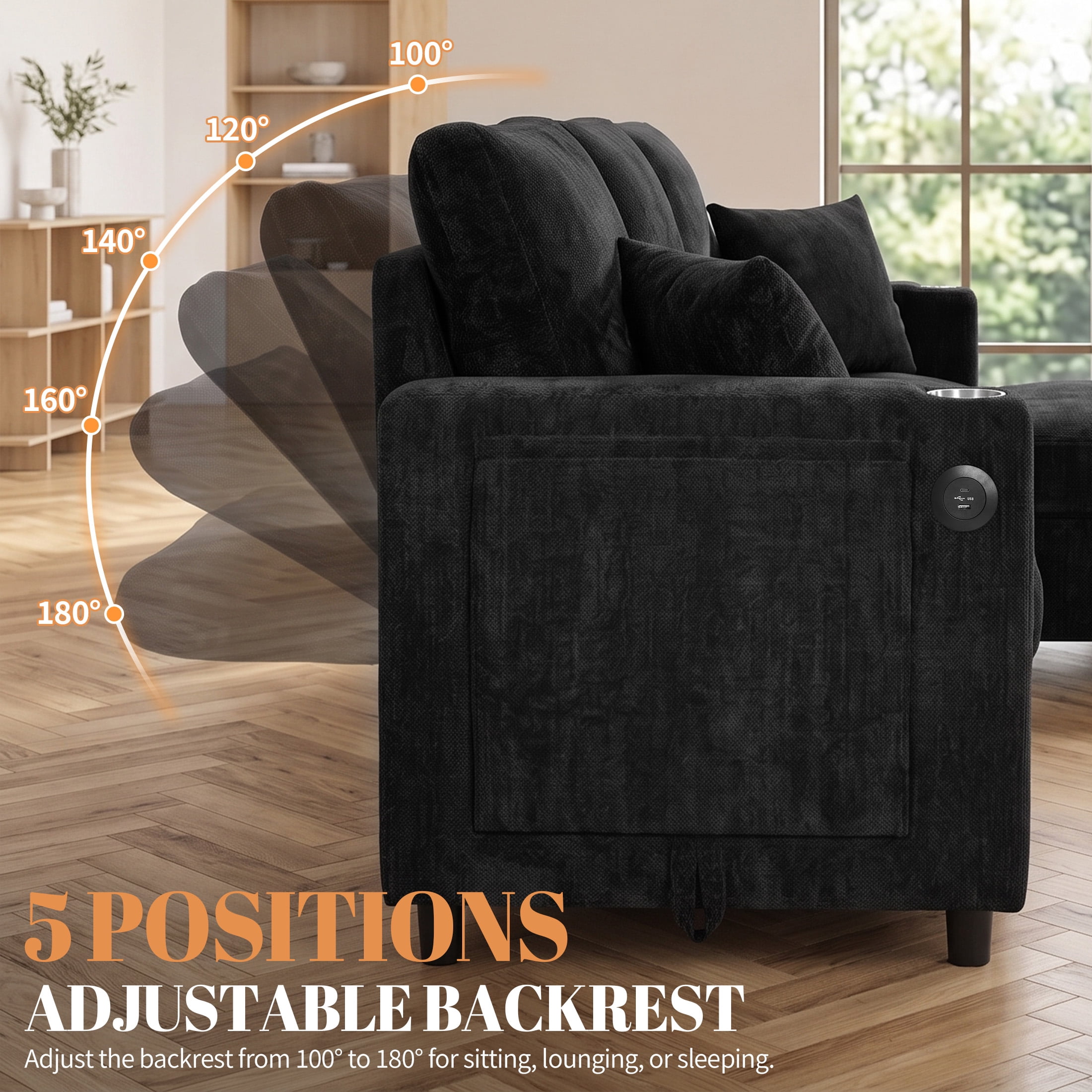 Aukfa 81" L Shape Sleeper Sectional Sofa Bed, Chenille Convertible Couch with Storage Chaise, Side Table & USB/Type-C Ports,Black