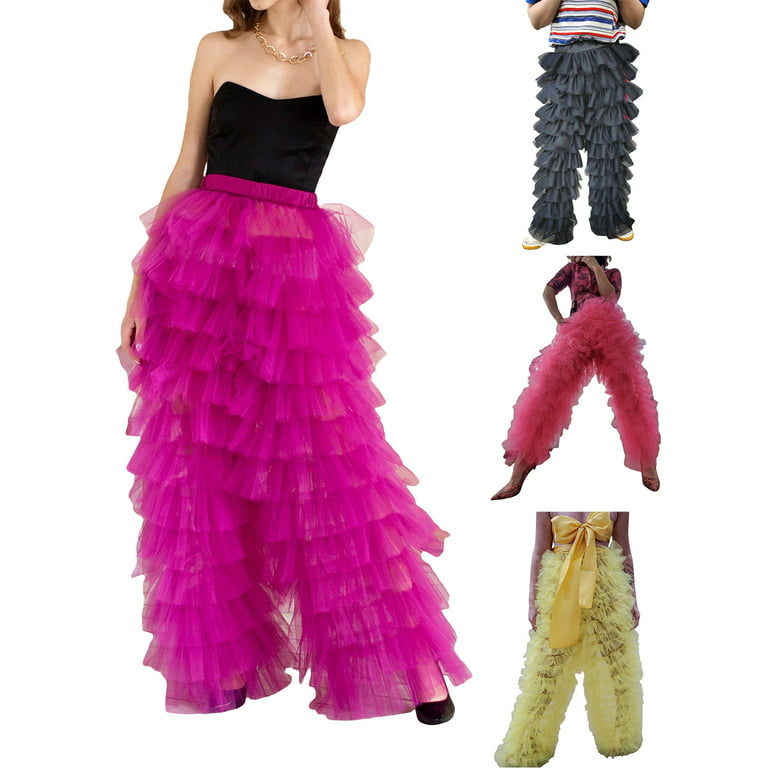 Women Tiered Layered Mesh Party Tulle Long Pants Ruffled Tulle Pants  Evening Party Layered Pants