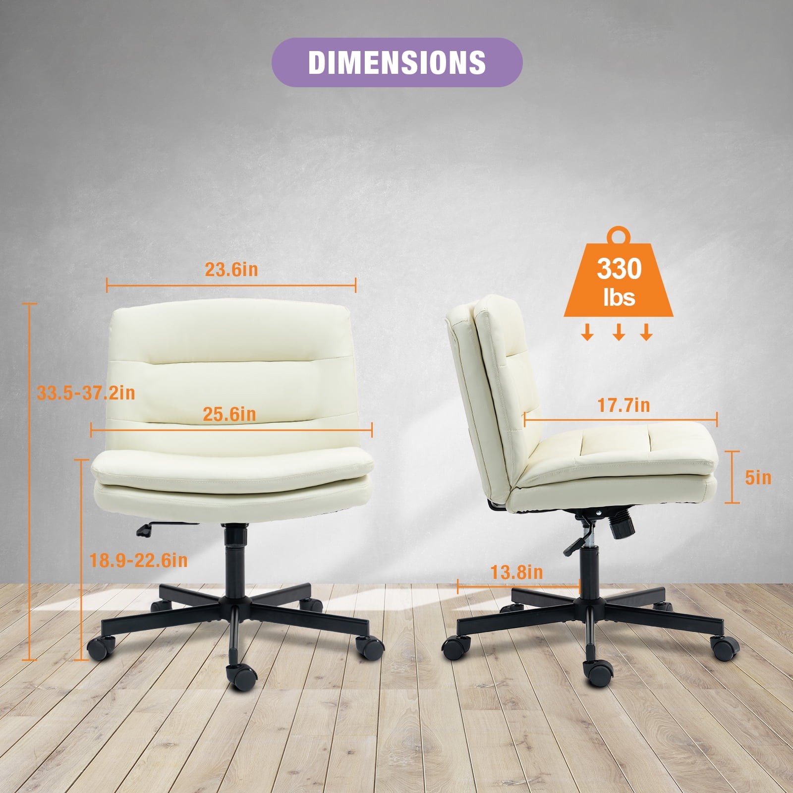 Criss Cross Legged Chair Ergonomic Home Office Desks Chair with Casters, Armless Wide Comfy Vanity Desk Seat Swivel Rolling Computer Chair, Adjustable Height, Rocking Function, Beige