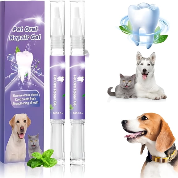 QARUN Pet Oral Repair Gel, Dog Teeth Cleaning Pen Pet Teeth Repairing Kit, Pet Oral Restoration Gel Pet Teeth Repairing for Dog Cats Dental Care Fresh Breath (2pcs)