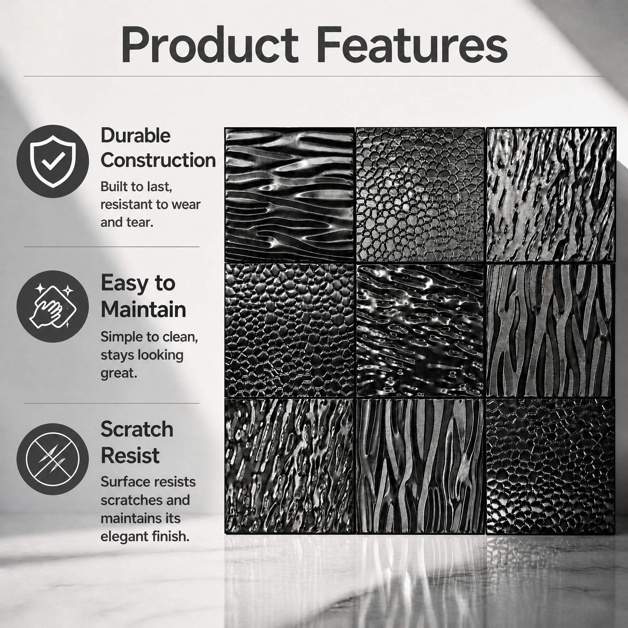 Easy4Home 5Pcs 12"x12" Metal Wall Panels Morden Mosaic Tiles for Interior Wall Decor, Black