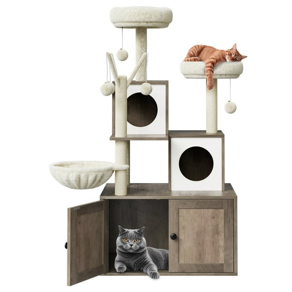 TEQIN Cat Tree with Litter Box Enclosure Furniture,Modern Cat Tower, 53.7’’ H Cat Condo with Sisal Scratching Post and Hammock, Indoor Pet Furniture with Large Platform