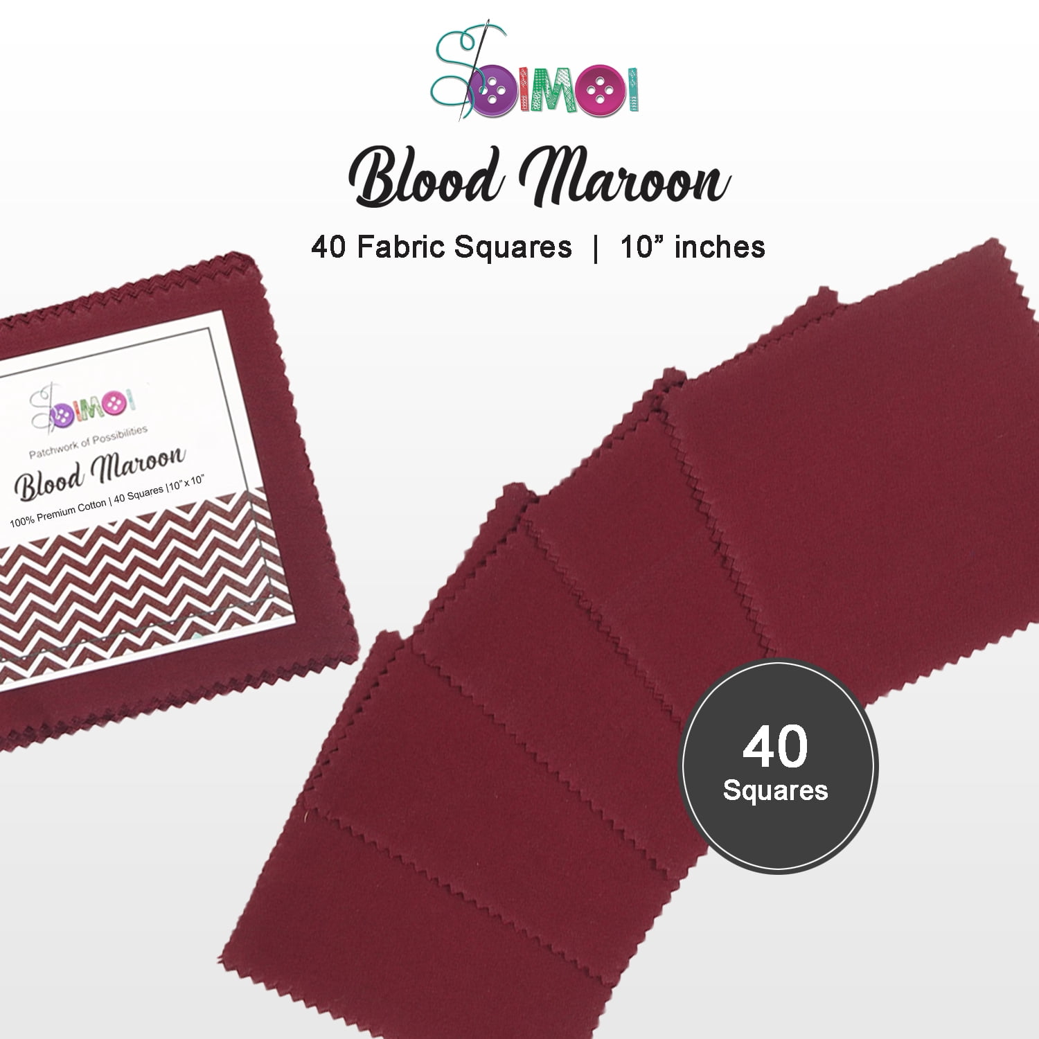 Soimoi 40 Pcs Solid Cotton Fabric Squares Bundles Charm Packs for Quilting, Fat Quarter Layer Cakes, Fabric Scraps for Crafts,Precuts Quilt Squares 10 X 10 inches, DIY Fabric Bundle - Blood Maroon