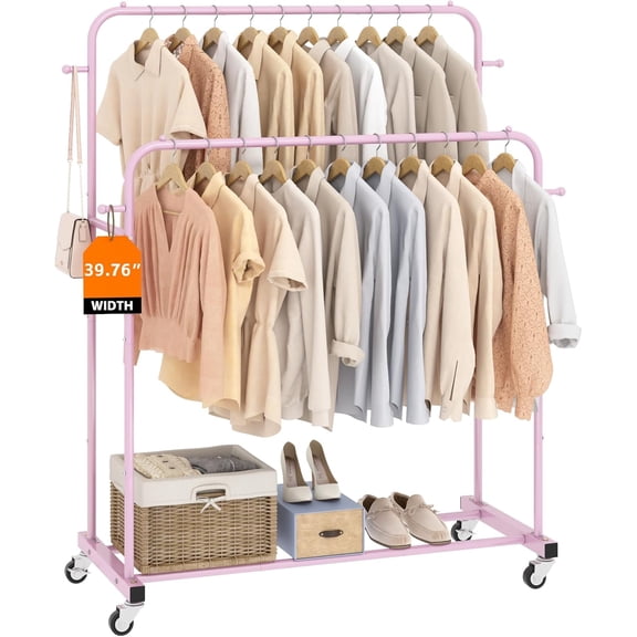 Double Rods Garment Rack with Wheels, Clothing Rack for Hanging Clothes, 4 Hooks, Multi-Functional Bedroom Clothes Rack, Pink