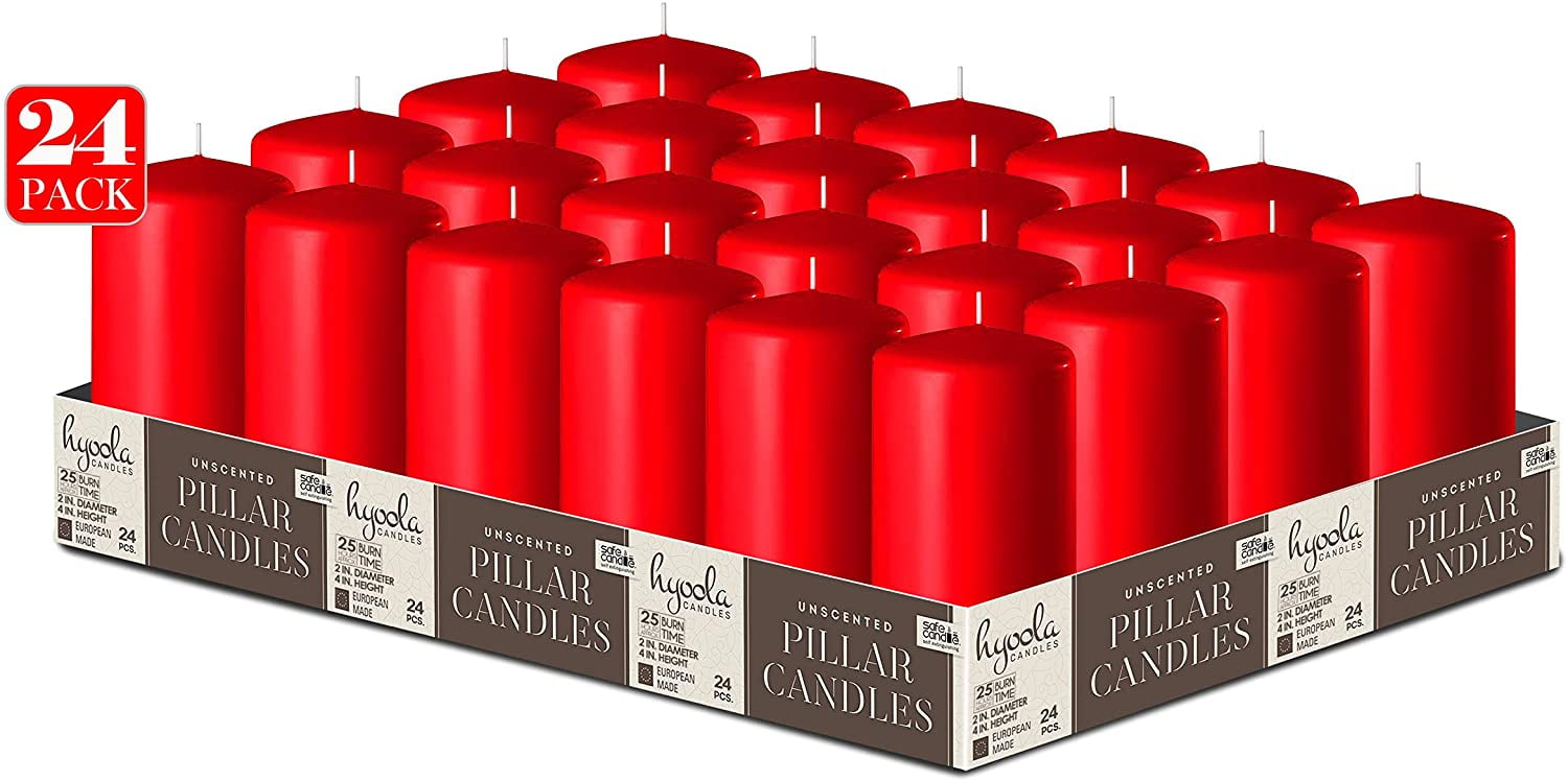 Hyoola 2 x 4 Red Unscented European Made Pillar Candles, Dripless Paraffin Wax with Smokeless Cotton Wicks, 24-Pack