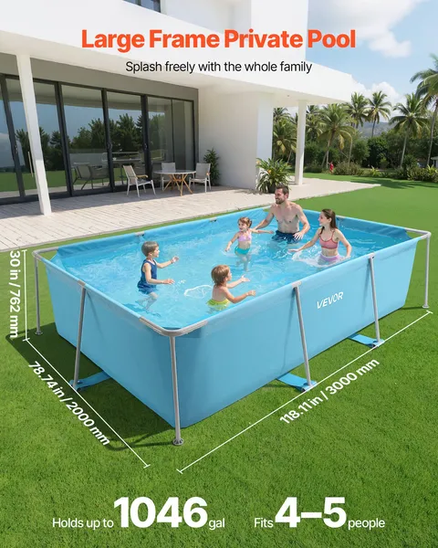 Large Rectangular Steel Frame Above Ground Swimming Pool 118 x 78 x 30 Inches Easy Assembly Rust Resistant 1046 Gallon Outdoor Backyard Family Pool Blue