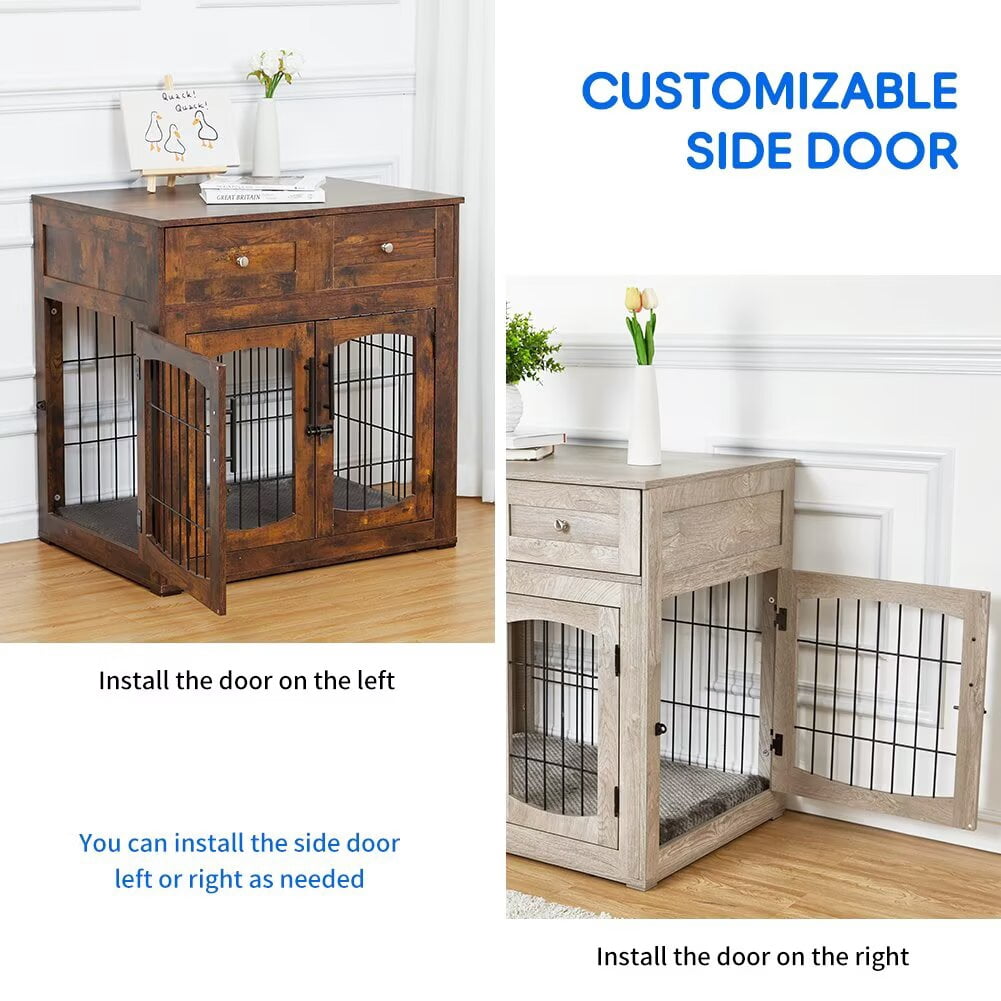 Dog Crate Furniture, 31.5" Wood Dog Kennel with Double Doors, Heavy Duty Dog Cage End Table with 2 Drawers, for Medium/Small Dogs, Rustic Gray
