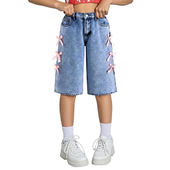 OYYN Girls Jean Shorts Y2K Cute Baggy Bow Shorts Summer Casual Wide Leg Comfort Flex Waistband Jean Short for School Street Skateboarding Clothing