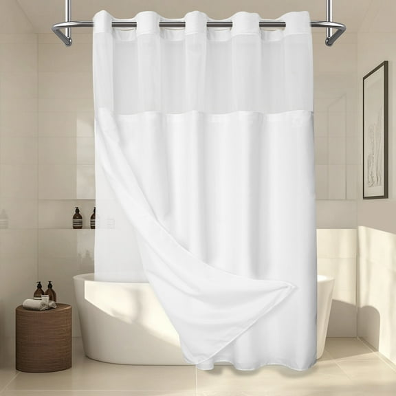 Barossa Design No Hook Slub Textured White Shower Curtain with Snap-in PEVA Liner, Mesh Window - 71 x 74