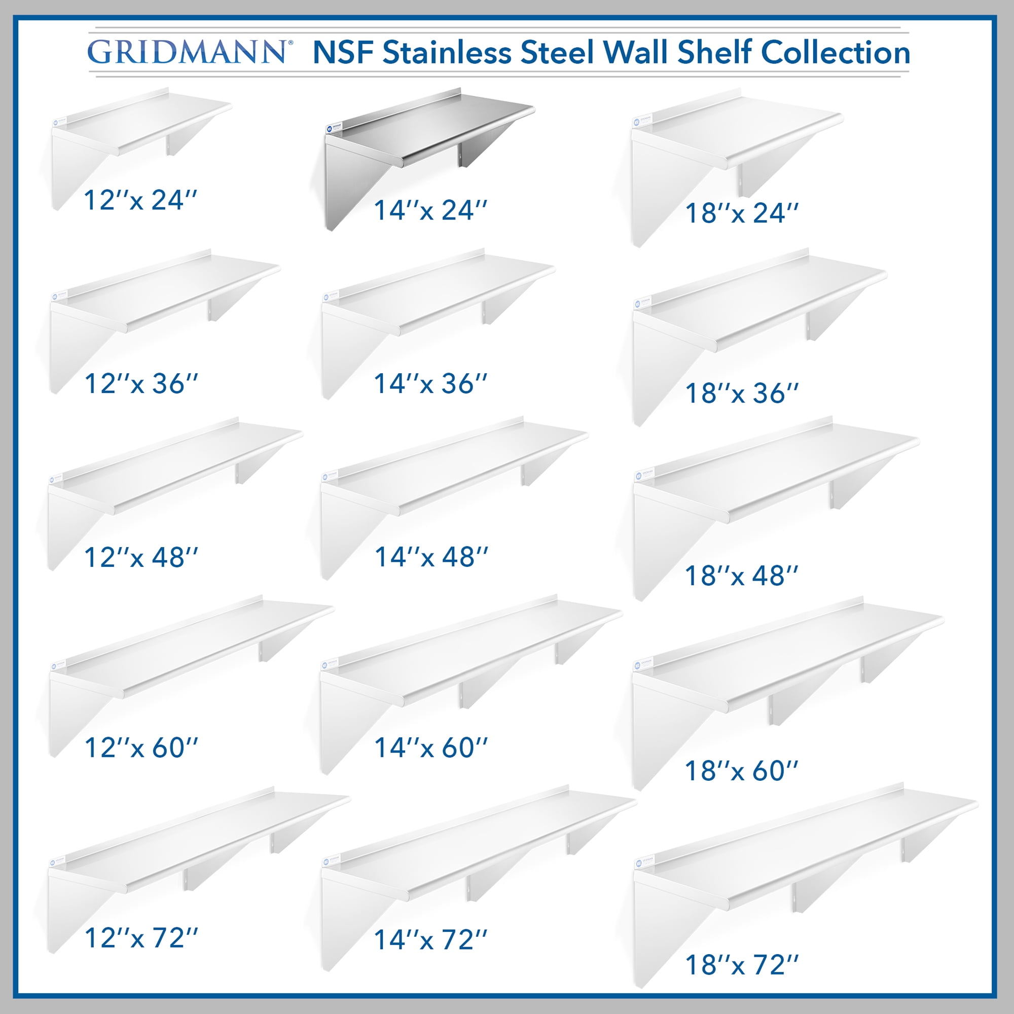 GRIDMANN 14" x 24" NSF Stainless Steel Kitchen Wall Mount Shelf w/ Backsplash