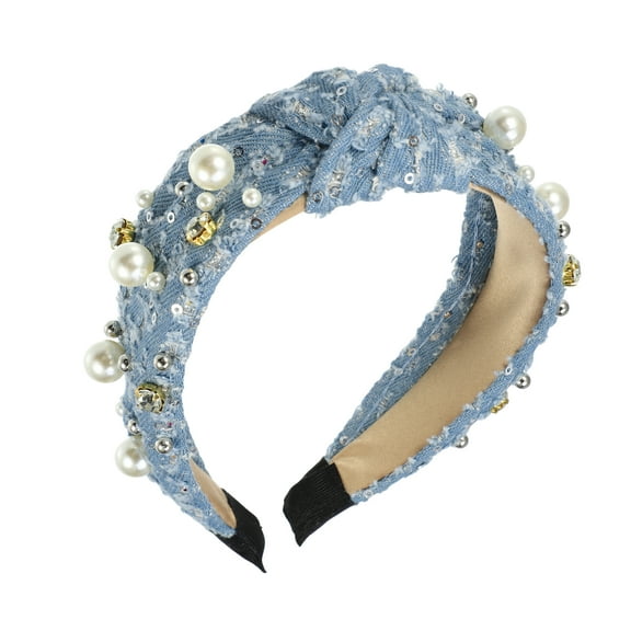 Vocoste Pearly Crystal Knotted Women Headband for Women Girl Light Blue 5.51"x1.89"