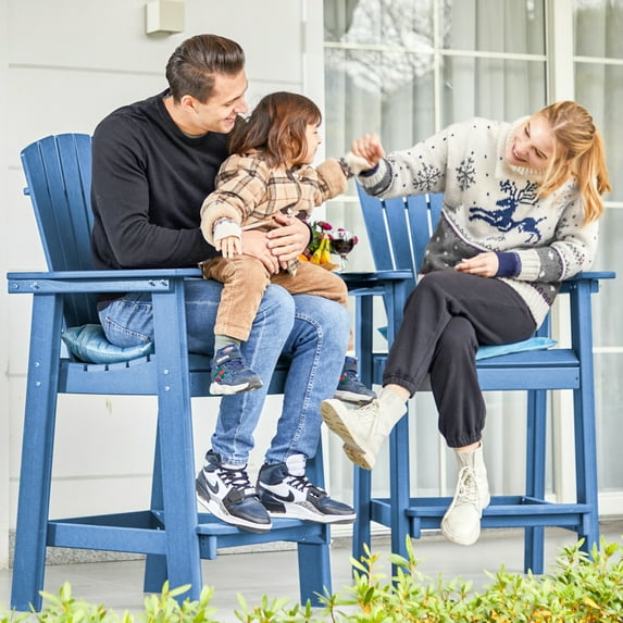 Wulful Tall Adirondack Chair Set w/ 2 Outdoor Barstools and Connecting Tray for Patio Umbrella, Navy