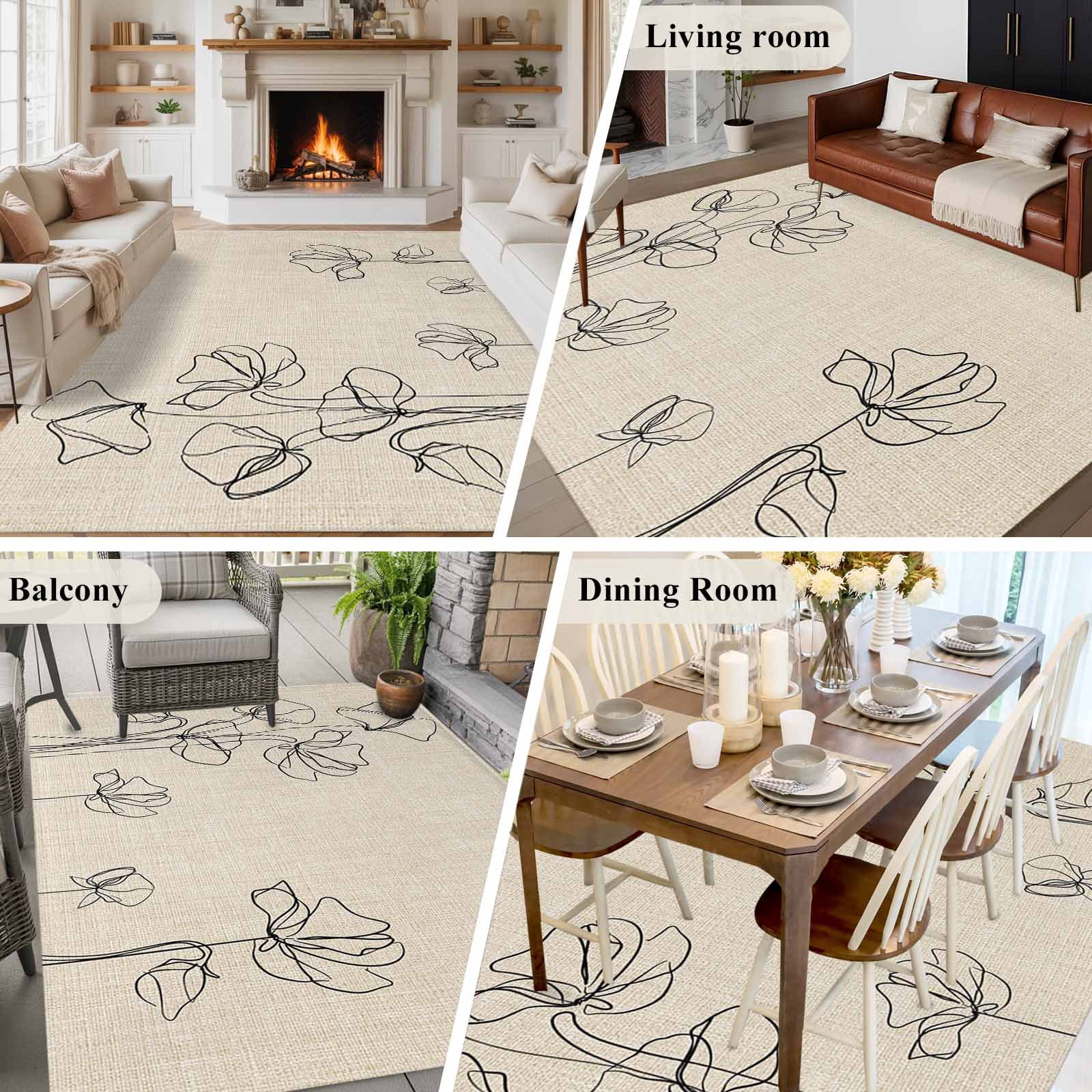 Rectangle Area Rugs 6 x 9 Ft, Retro Beige Flowers Non-Slip Residential Carpet, Rustic Abstract Floral Simple Art Indoor Crawling Mats Runner Rugs for Living Room/Dining Room/Bedroom