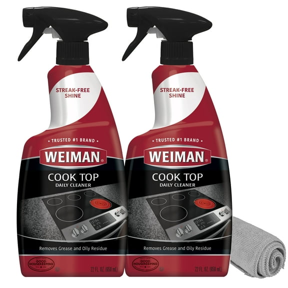 Weiman Cooktop Cleaner for Daily Use (2 Pack) Streak Free, Residue Free, Non-Abrasive Formula - 22 fl oz w/ Micro Fiber Towel