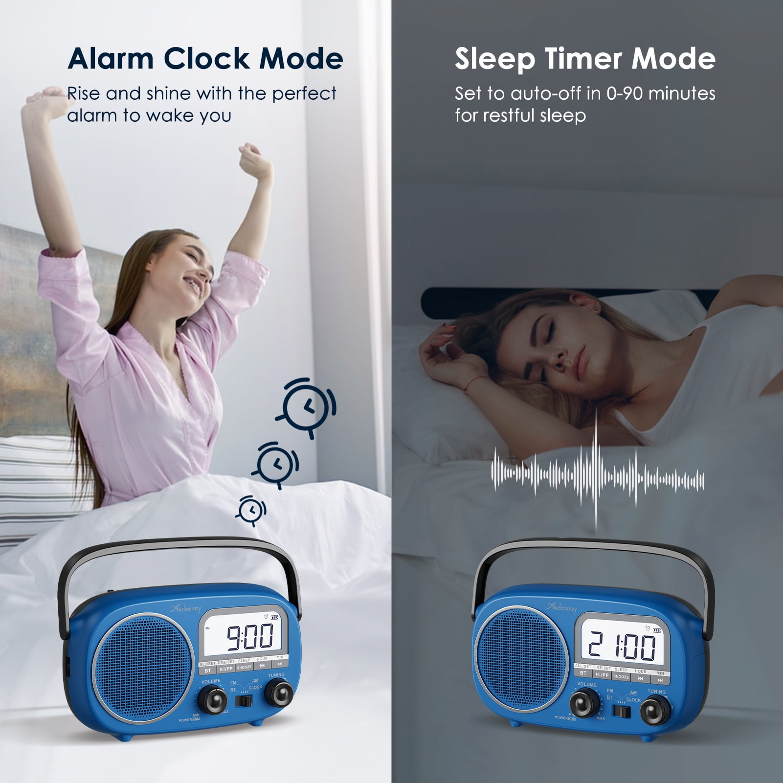 Portable AM FM Rechargeable Radio with Best Reception, Digital Time/Station Display,AC Power or Battery Power Radio with Bluetooth Speaker for Home/Kitchen/Outdoor Blue