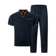 thumbnail image 4 of mihongmao Summer Mens Outfits Gym Sets Vacation Outfits Men's Solid Color Short Sleeve V-neck Pocket T-shirt Straight Pants Set Navy M, 4 of 5