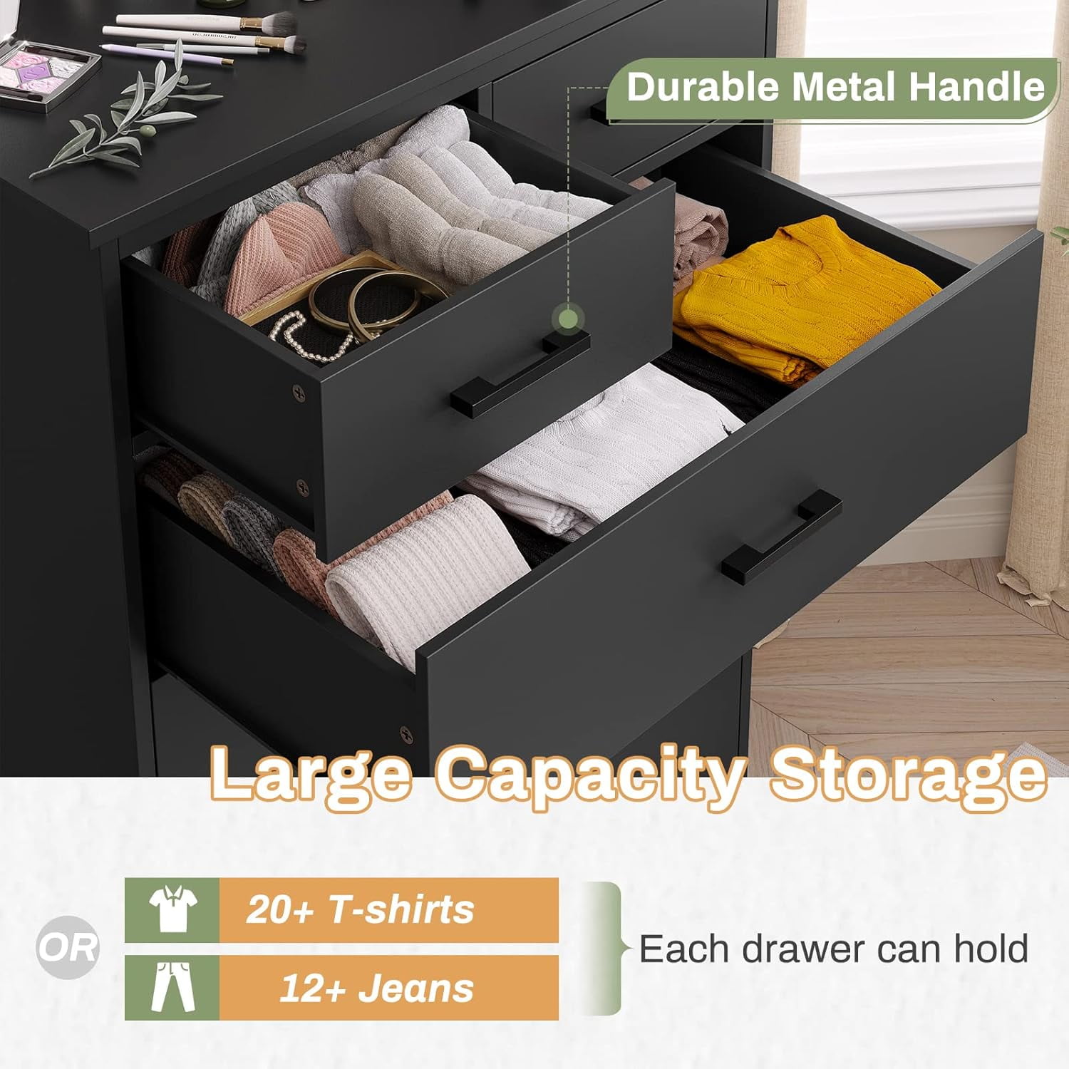 Aunfebrco Black Dresser for Bedroom with 6 Drawers Modern Chest of Drawers Storage Tower Clothes Organizer with Handles&Base, Large Storage Cabinet for Hallway Entryway