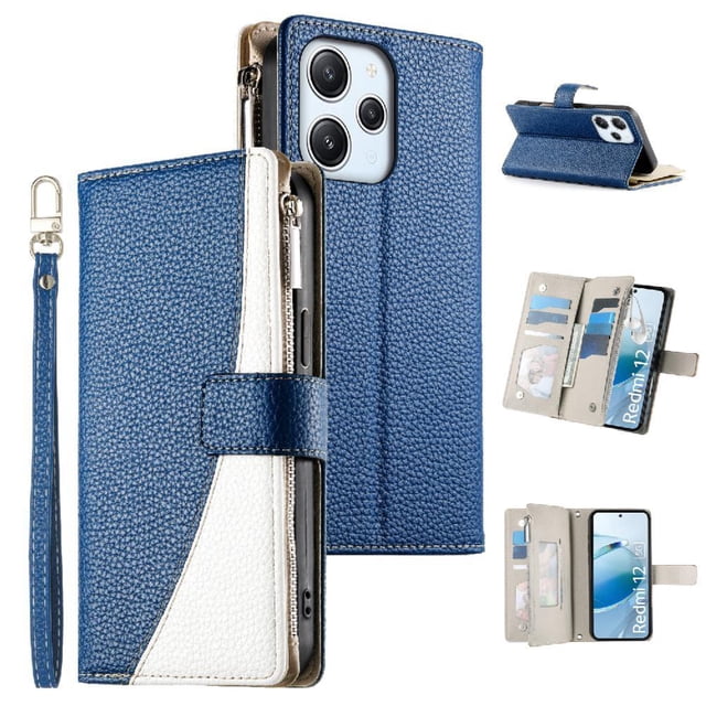 Funda cartera GANGXUN para Xiaomi Redmi 12 4G/5G , cuero PU con tarjetero, cremallera, correa de mano, soporte y protección 940°